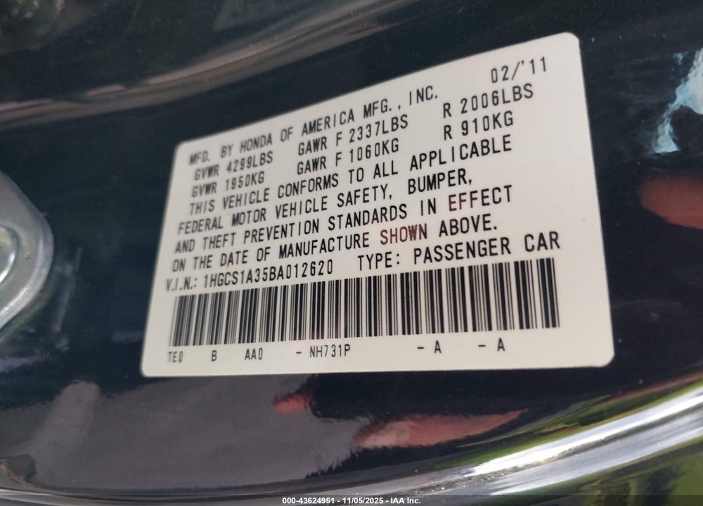 2011 HONDA ACCORD 2.4 LX-S VIN: 1HGCS1A35BA012620