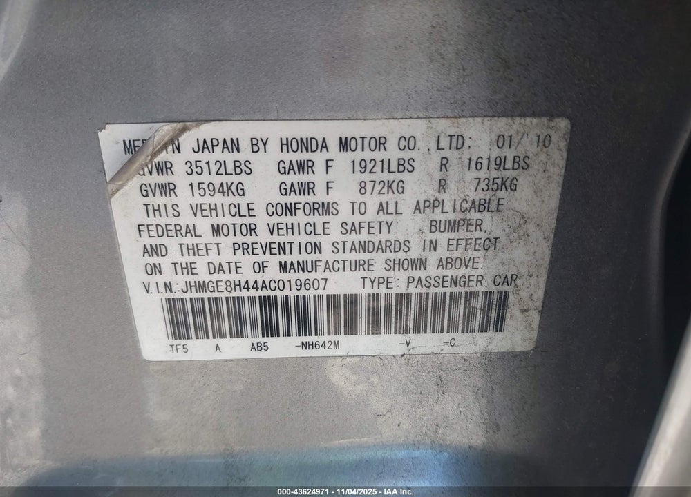 2010 HONDA FIT SPORT VIN: JHMGE8H44AC019607