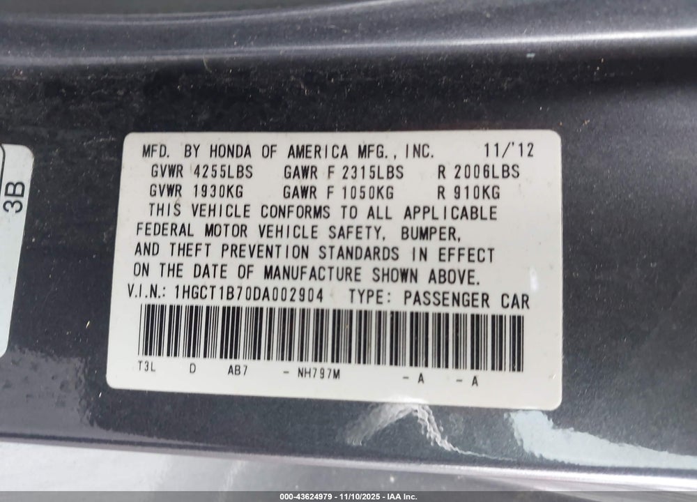 2013 HONDA ACCORD EX VIN: 1HGCT1B70DA002904