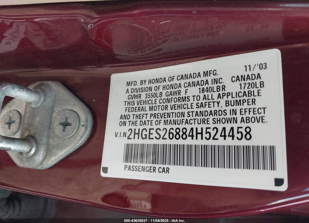 2004 HONDA CIVIC EX VIN: 2HGES26884H524458
