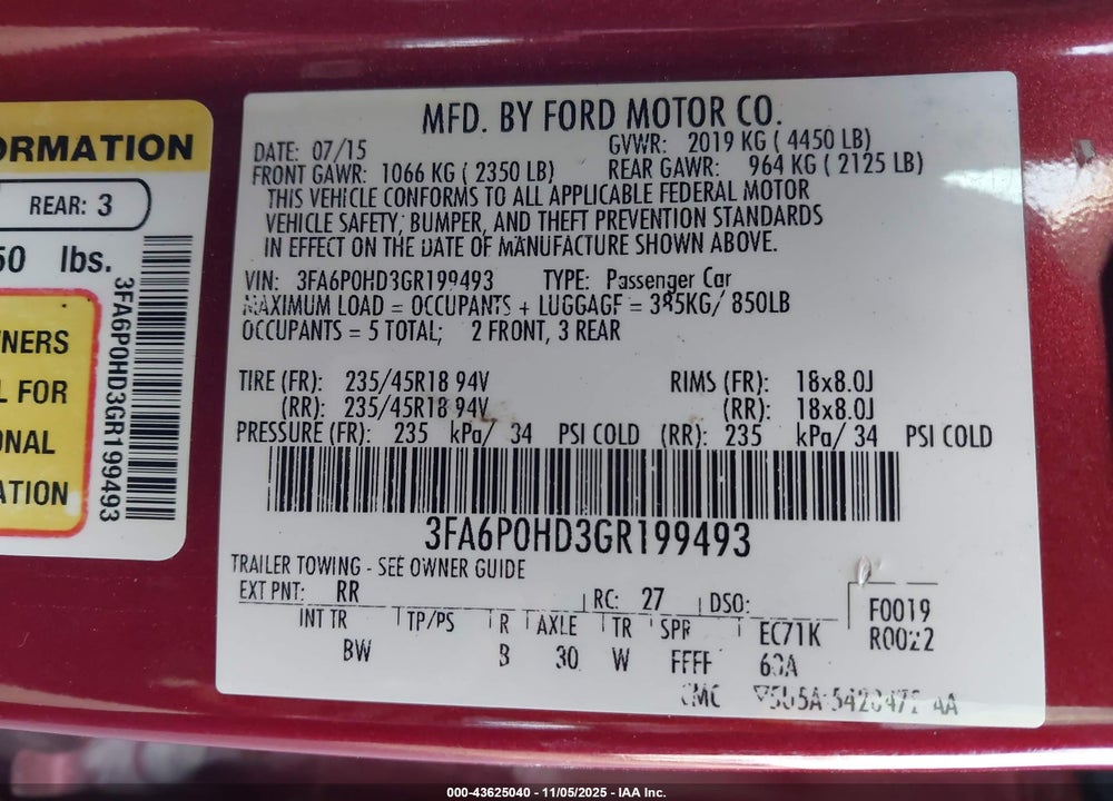 2016 FORD FUSION SE VIN: 3FA6P0HD3GR199493