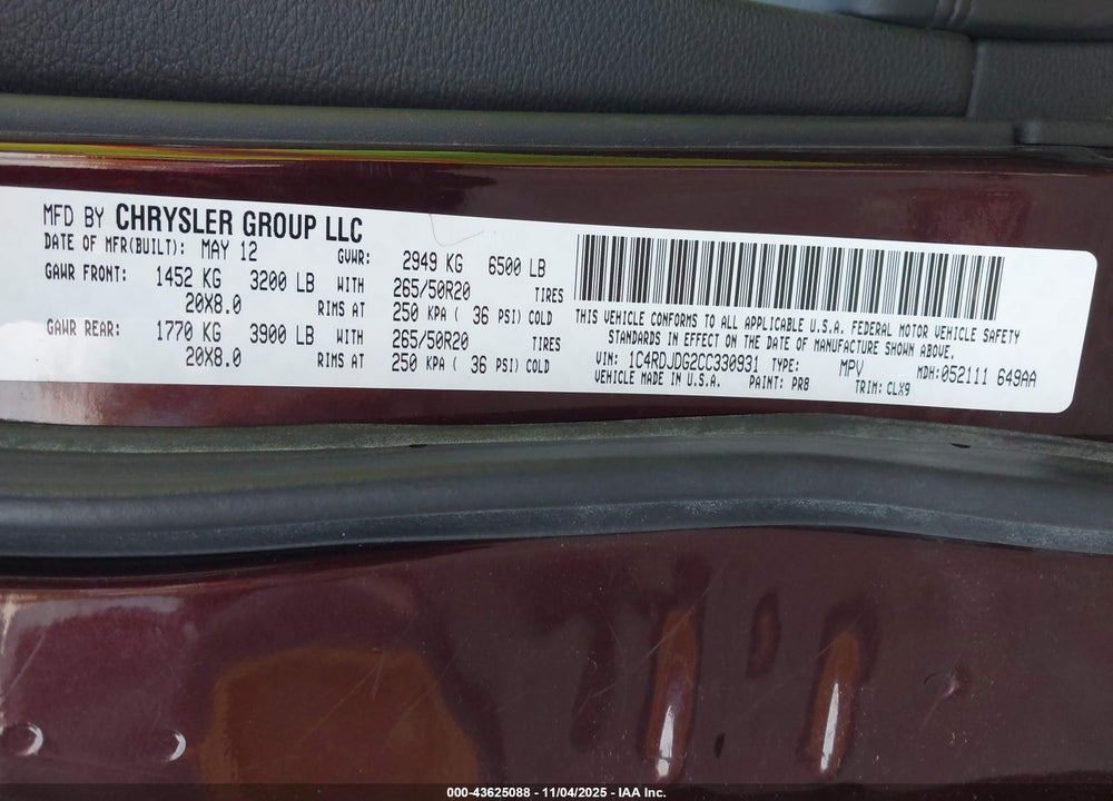 2012 DODGE DURANGO CREW VIN: 1C4RDJDG2CC330931