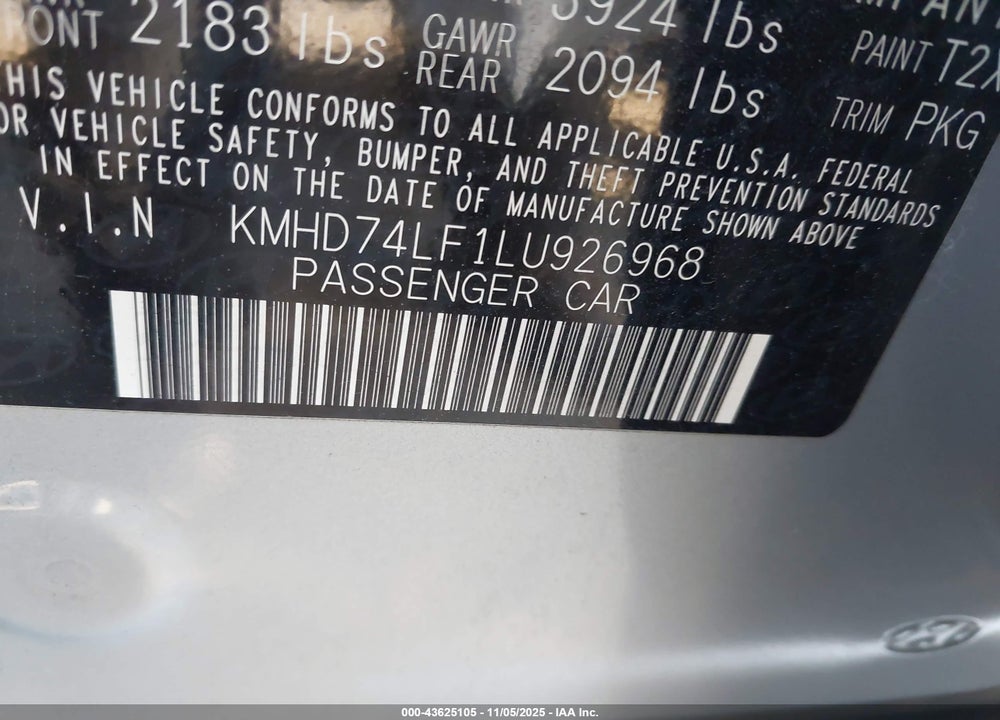 2020 HYUNDAI ELANTRA SE VIN: KMHD74LF1LU926968