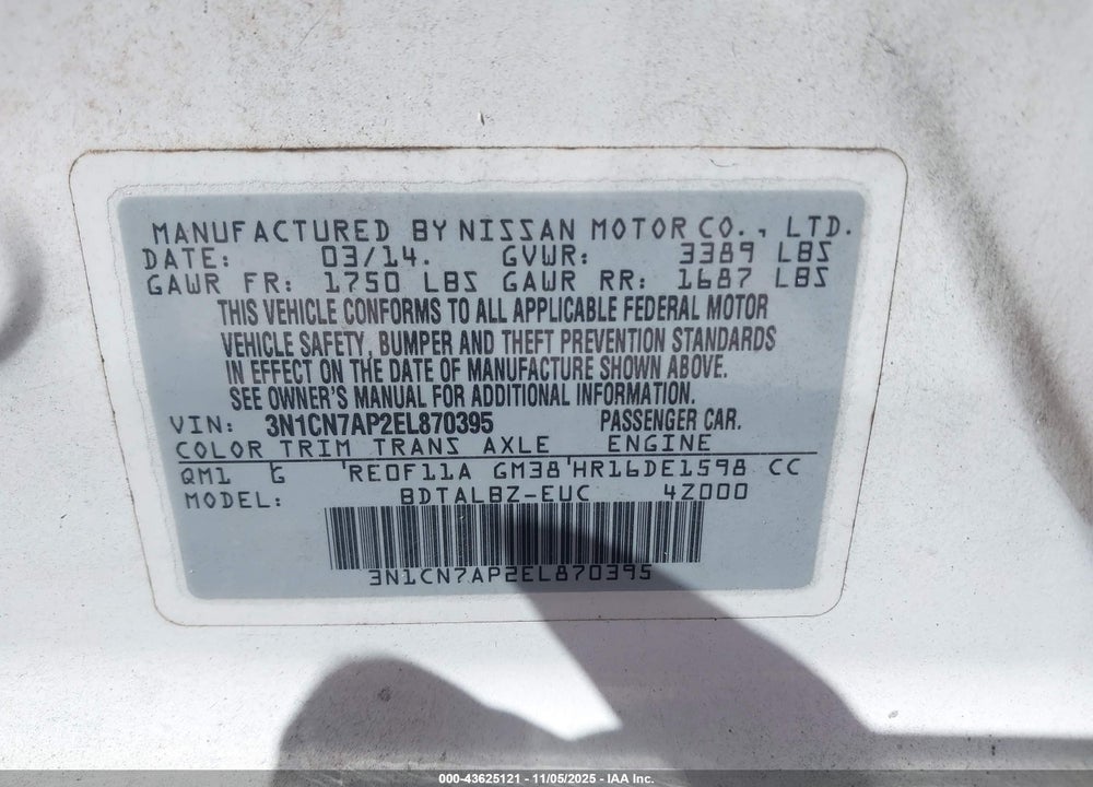 2014 NISSAN VERSA 1.6 S/1.6 S+/1.6 SL/1.6 SV VIN: 3N1CN7AP2EL870395