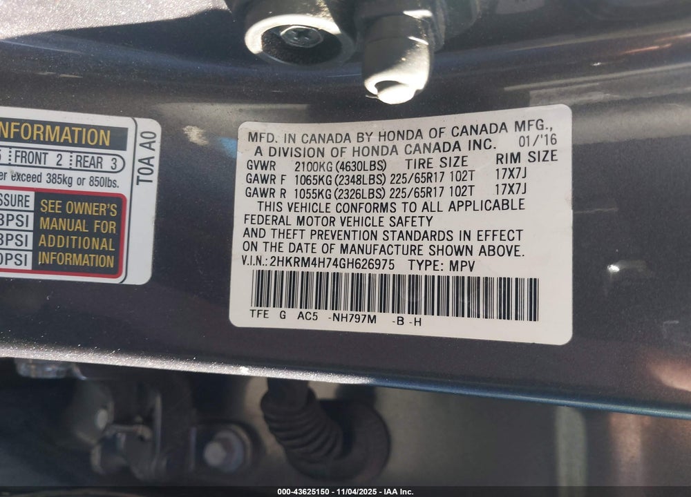 2016 HONDA CR-V EX-L VIN: 2HKRM4H74GH626975