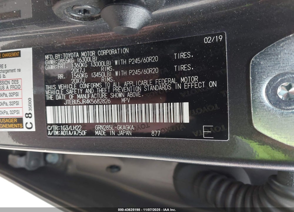 2019 TOYOTA 4RUNNER LIMITED NIGHTSHADE VIN: JTEBU5JR4K5682826