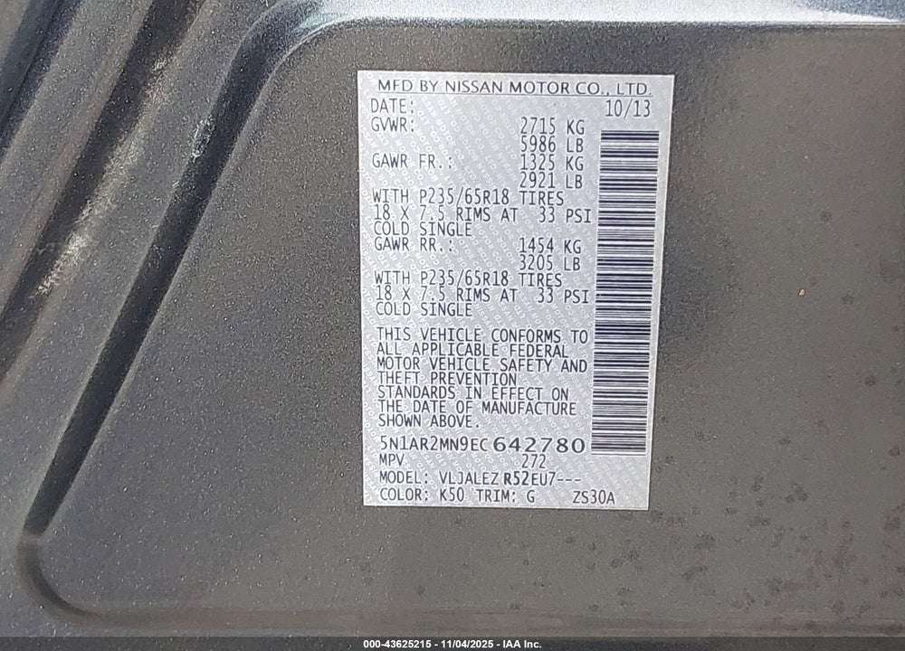 2014 NISSAN PATHFINDER SV VIN: 5N1AR2MN9EC642780