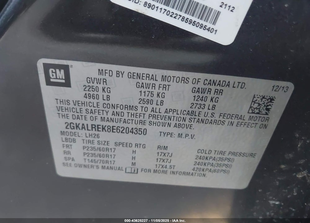 2014 GMC TERRAIN SLE-2 VIN: 2GKALREK8E6204350