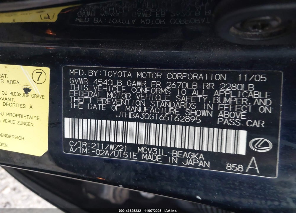 2006 LEXUS ES 330 VIN: JTHBA30G165162895