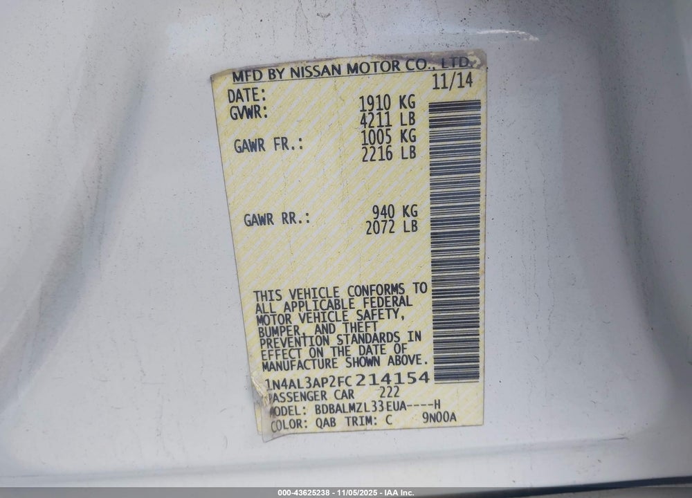 2015 NISSAN ALTIMA 2.5 SV VIN: 1N4AL3AP2FC214154