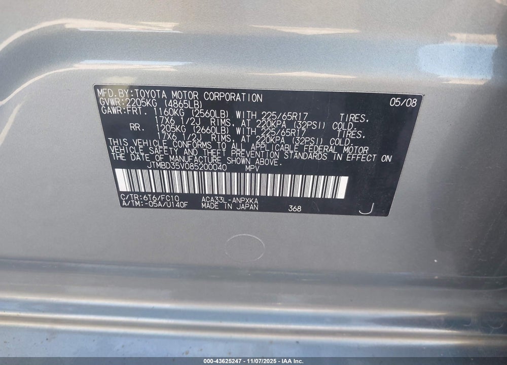 2008 TOYOTA RAV4 VIN: JTMBD35V085200040