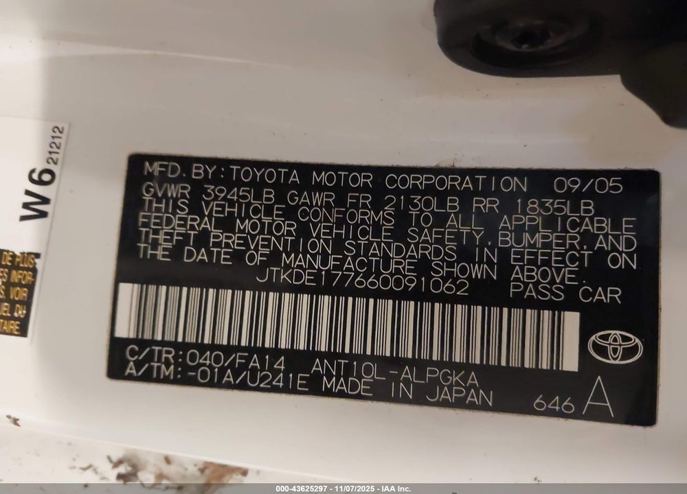 2006 SCION TC VIN: JTKDE177660091062