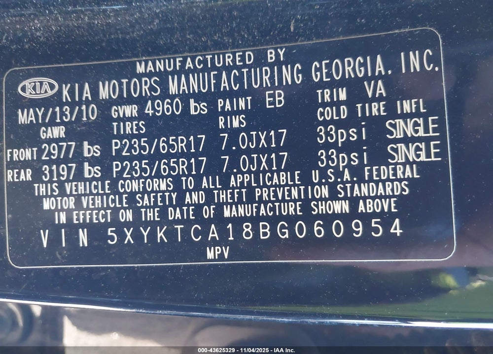 2011 KIA SORENTO LX VIN: 5XYKTCA18BG060954