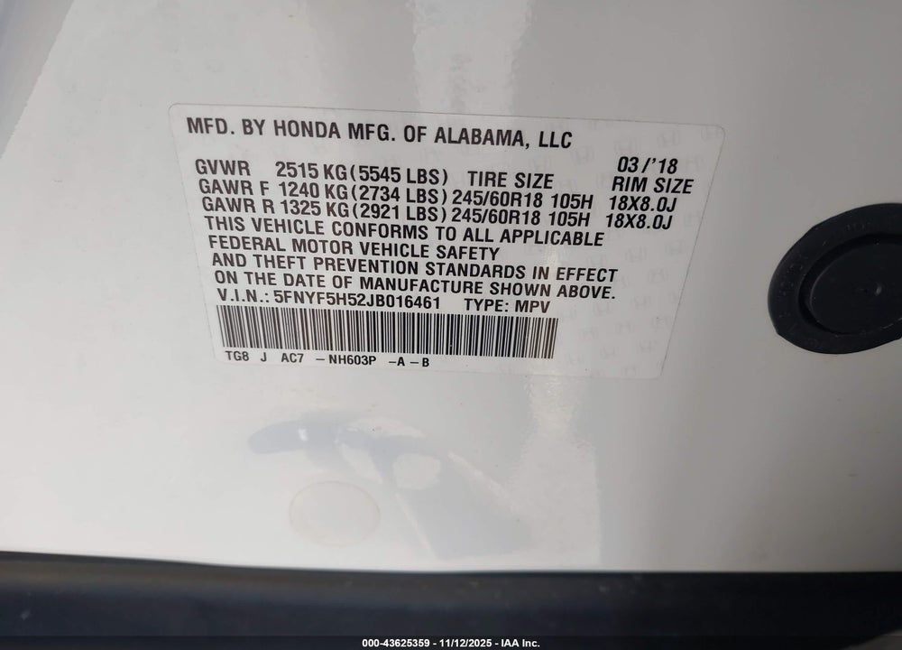 2018 HONDA PILOT EX-L VIN: 5FNYF5H52JB016461