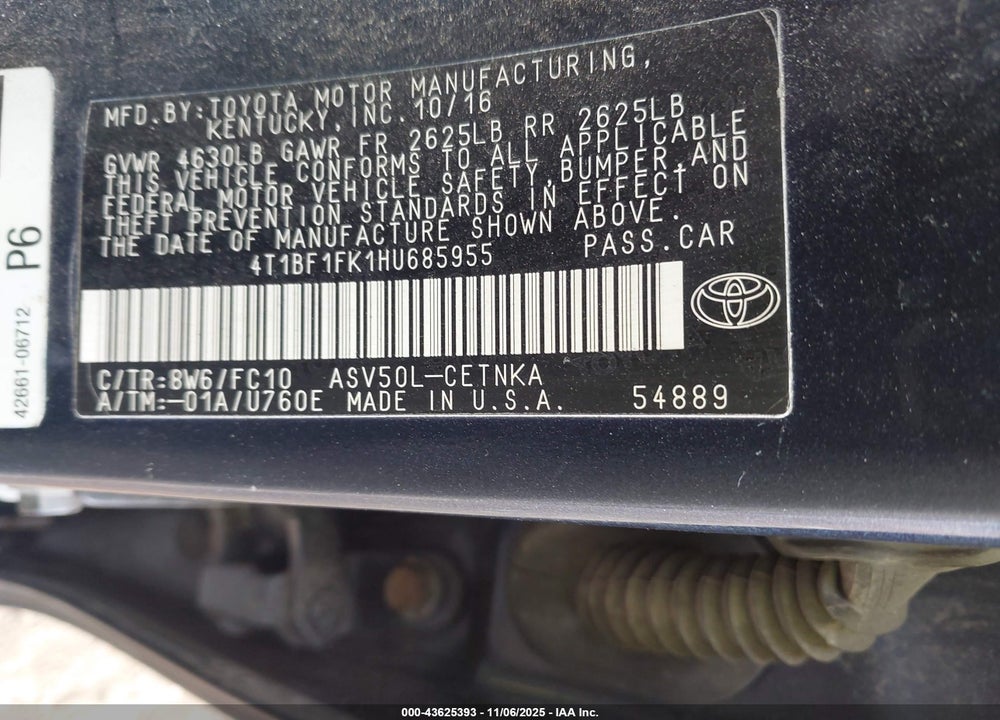 2017 TOYOTA CAMRY LE VIN: 4T1BF1FK1HU685955
