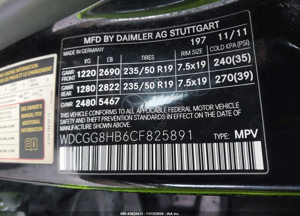2012 MERCEDES-BENZ GLK-CLASS VIN: WDCGG8HB6CF825891