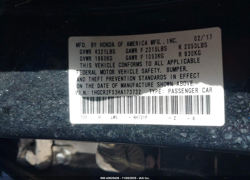 2017 HONDA ACCORD SPORT VIN: 1HGCR2F53HA173732