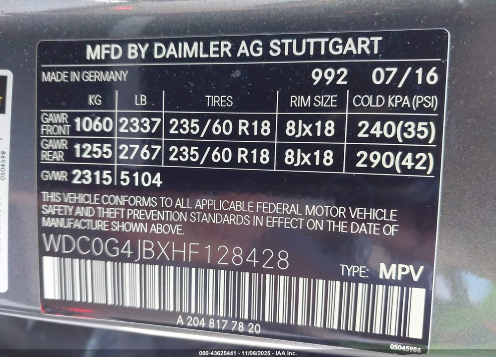 2017 MERCEDES-BENZ GLC CLASS VIN: WDC0G4JBXHF128428