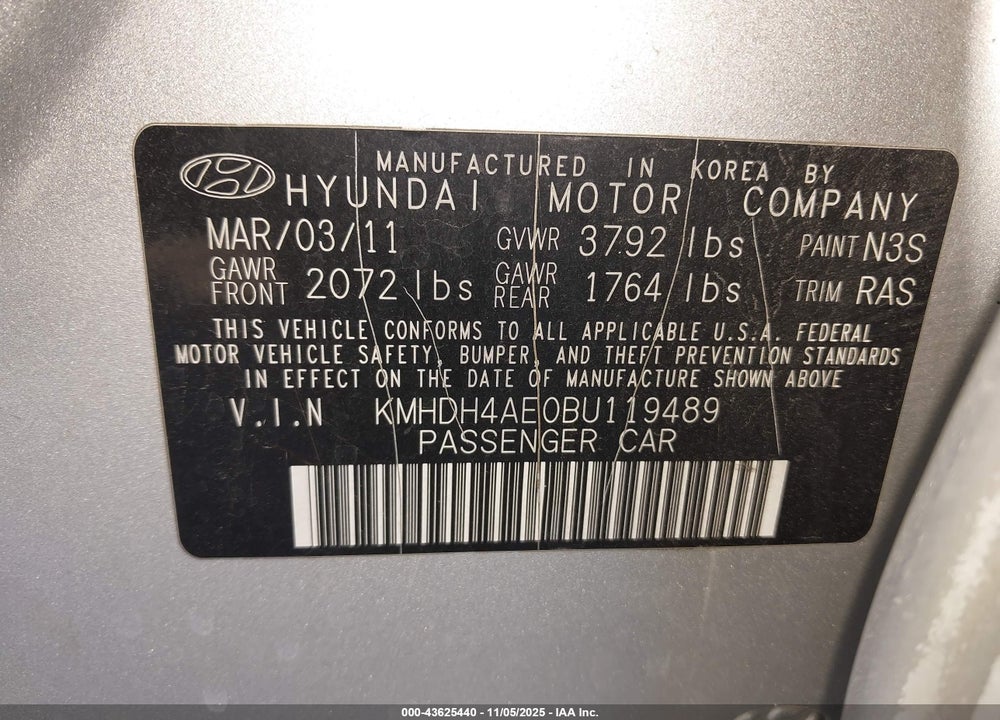 2011 HYUNDAI ELANTRA GLS (ULSAN PLANT) VIN: KMHDH4AE0BU119489