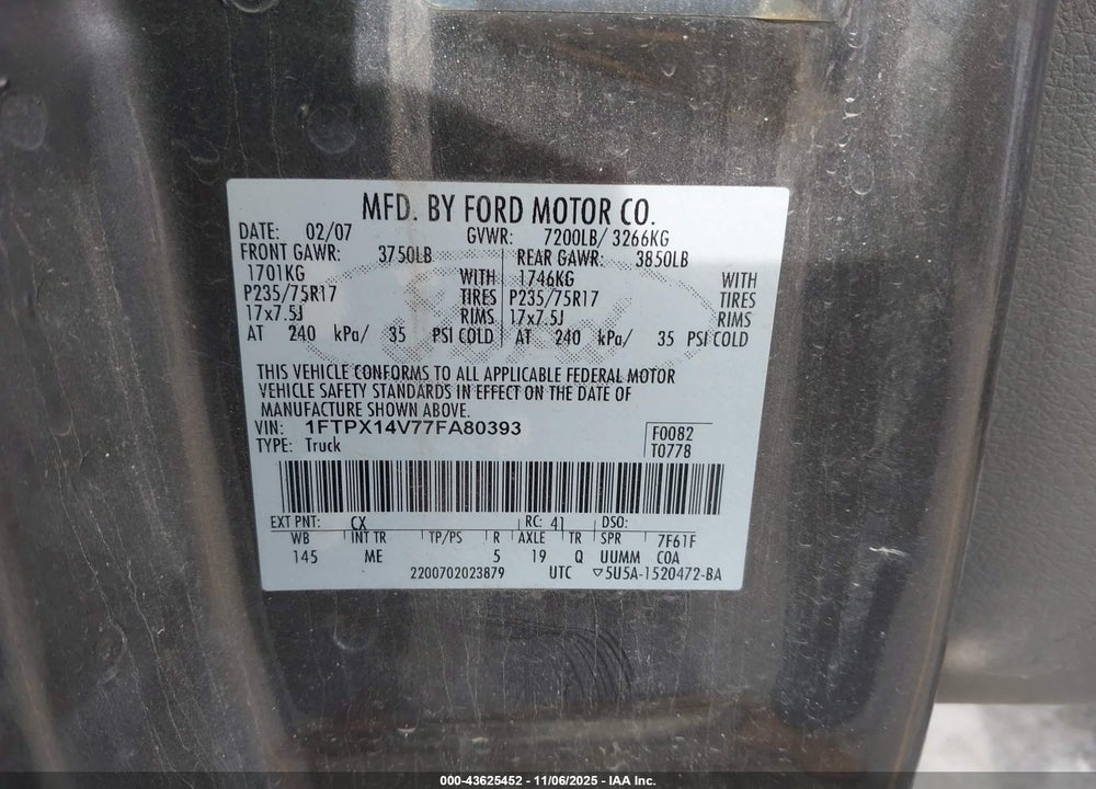 2007 FORD F-150 FX4/LARIAT/XL/XLT VIN: 1FTPX14V77FA80393