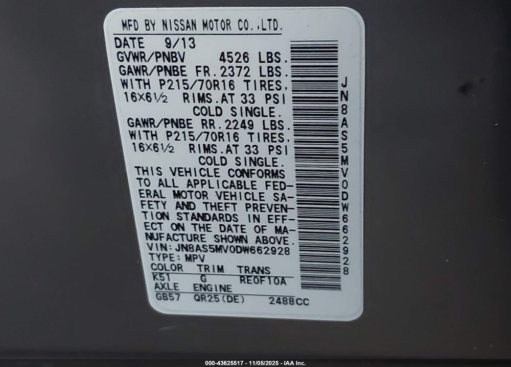 2013 NISSAN ROGUE S VIN: JN8AS5MV0DW662928