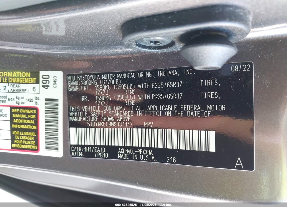 2022 TOYOTA SIENNA XLE VIN: 5TDYRKEC9NS131147