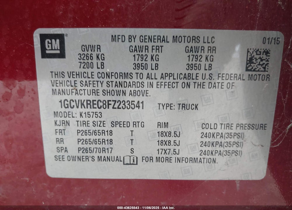 2015 CHEVROLET SILVERADO 1500 2LT VIN: 1GCVKREC8FZ233541