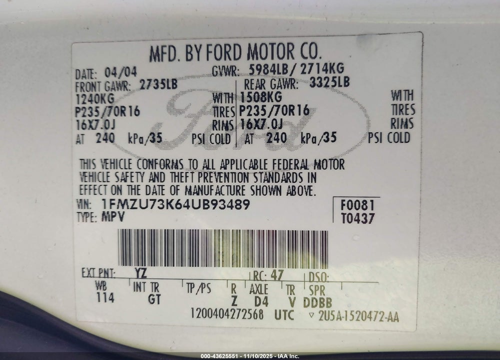 2004 FORD EXPLORER NBX/XLT VIN: 1FMZU73K64UB93489