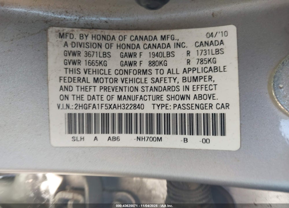 2010 HONDA CIVIC LX VIN: 2HGFA1F5XAH322840