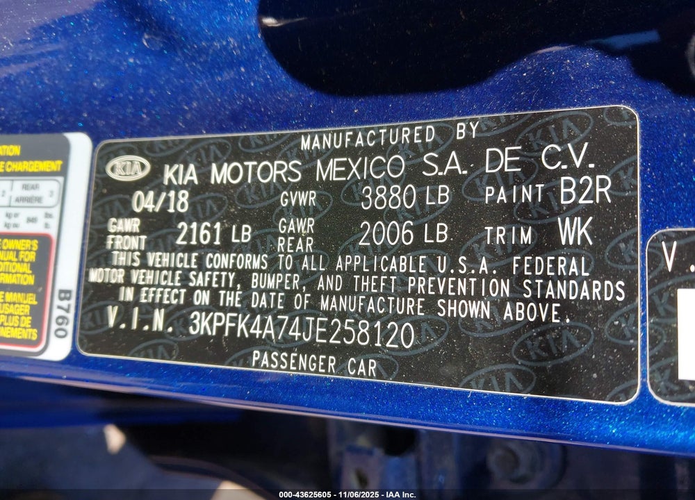 2018 KIA FORTE VIN: 3KPFK4A74JE258120