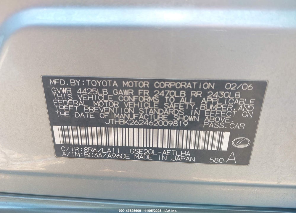 2006 LEXUS IS 250 VIN: JTHBK262462009819