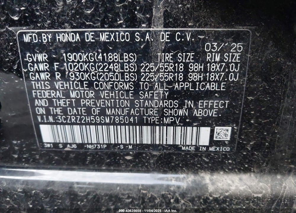 2025 HONDA HR-V VIN: 3CZRZ2H59SM785041