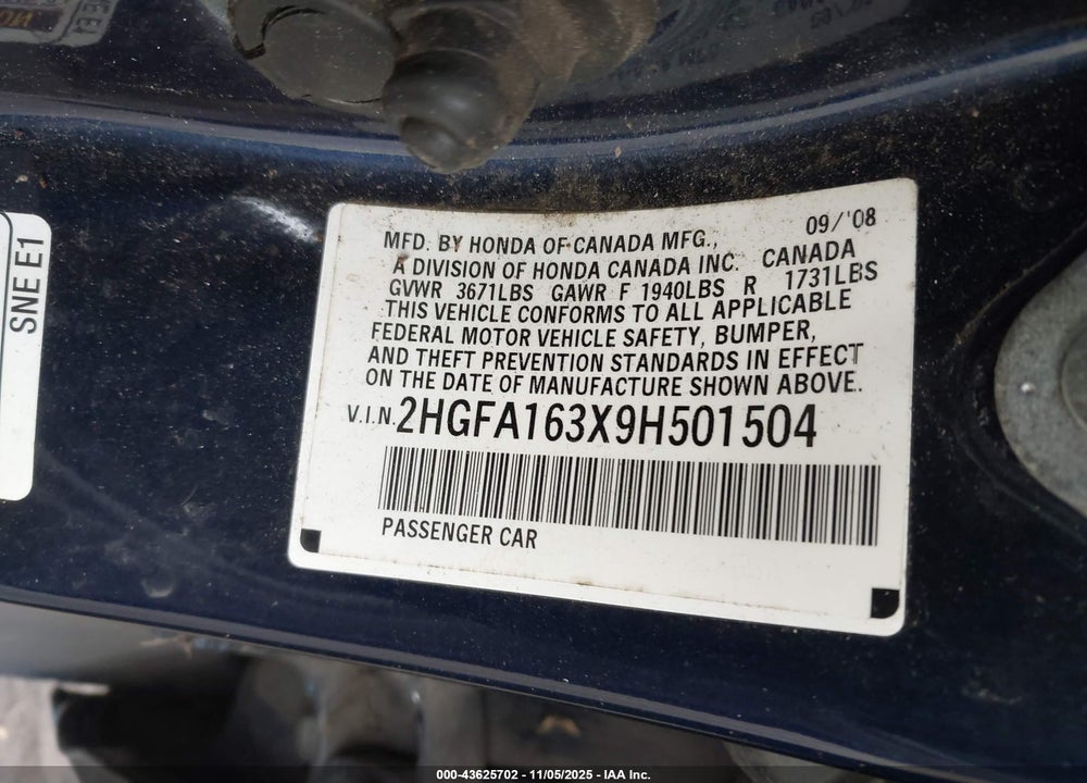 2009 HONDA CIVIC VIN: 2HGFA163X9H501504