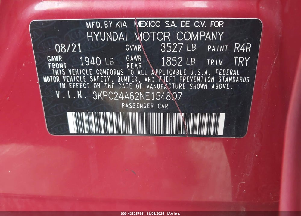 2022 HYUNDAI ACCENT SE VIN: 3KPC24A62NE154807