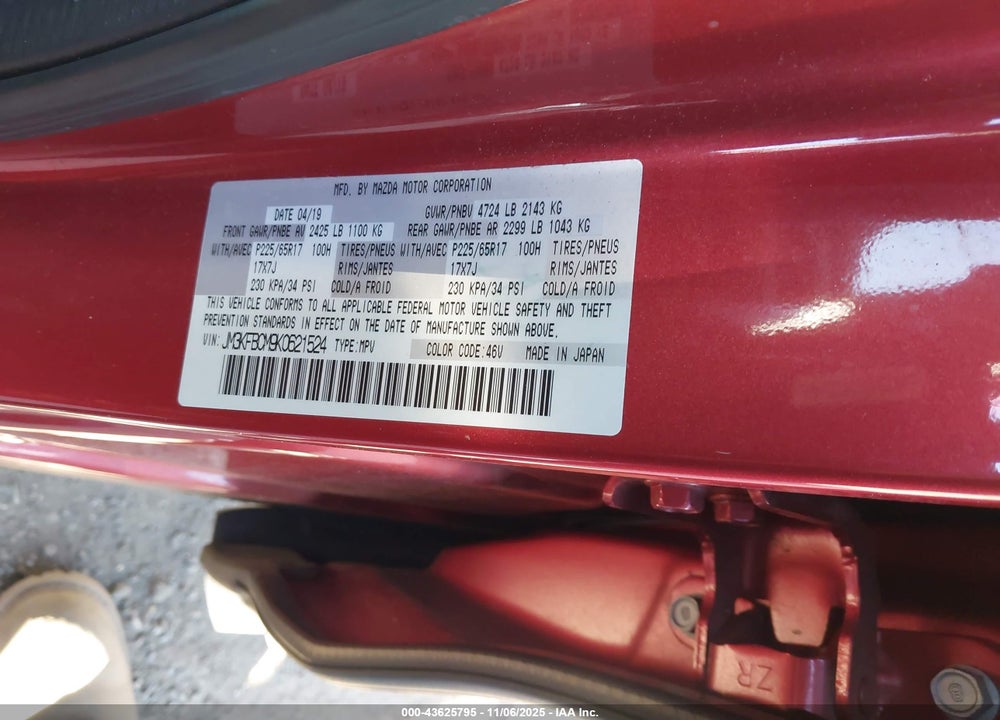 2019 MAZDA CX-5 TOURING VIN: JM3KFBCM9K0621524