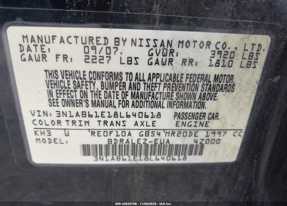 2008 NISSAN SENTRA VIN: 3N1AB61E18L640618