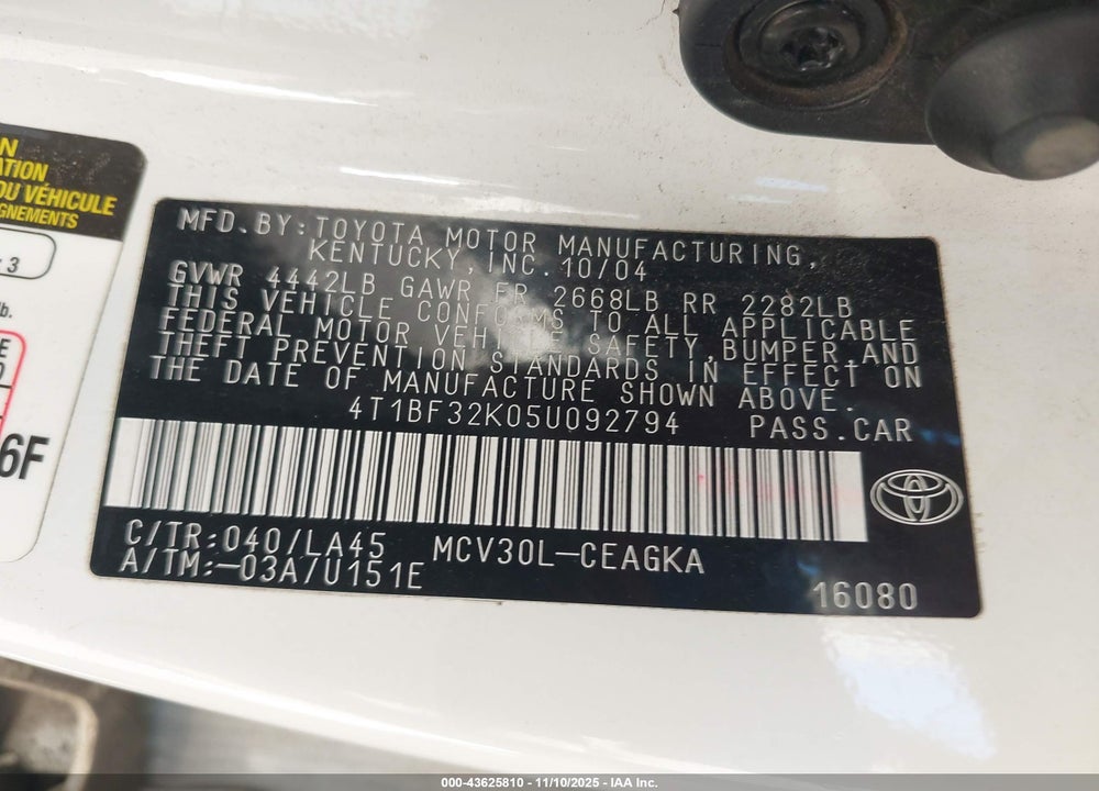 2005 TOYOTA CAMRY XLE V6 VIN: 4T1BF32K05U092794