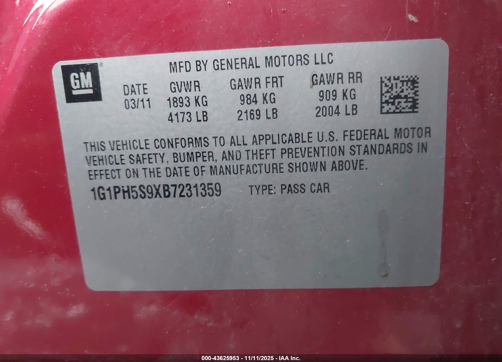 2011 CHEVROLET CRUZE VIN: 1G1PH5S9XB7231359