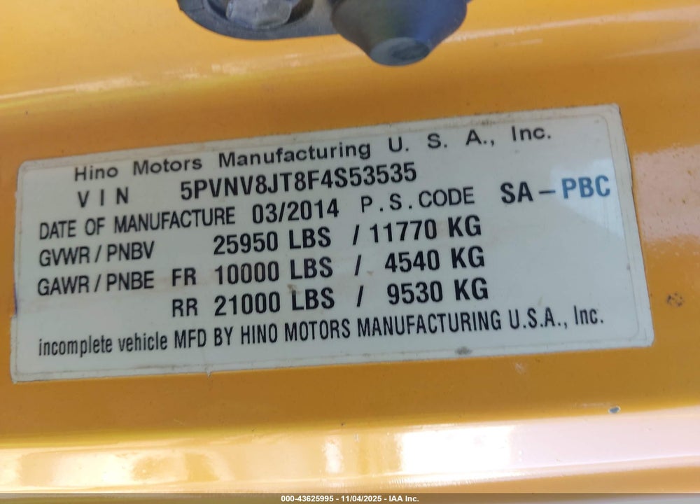 2015 HINO 338 VIN: 5PVNV8JT8F4S53535
