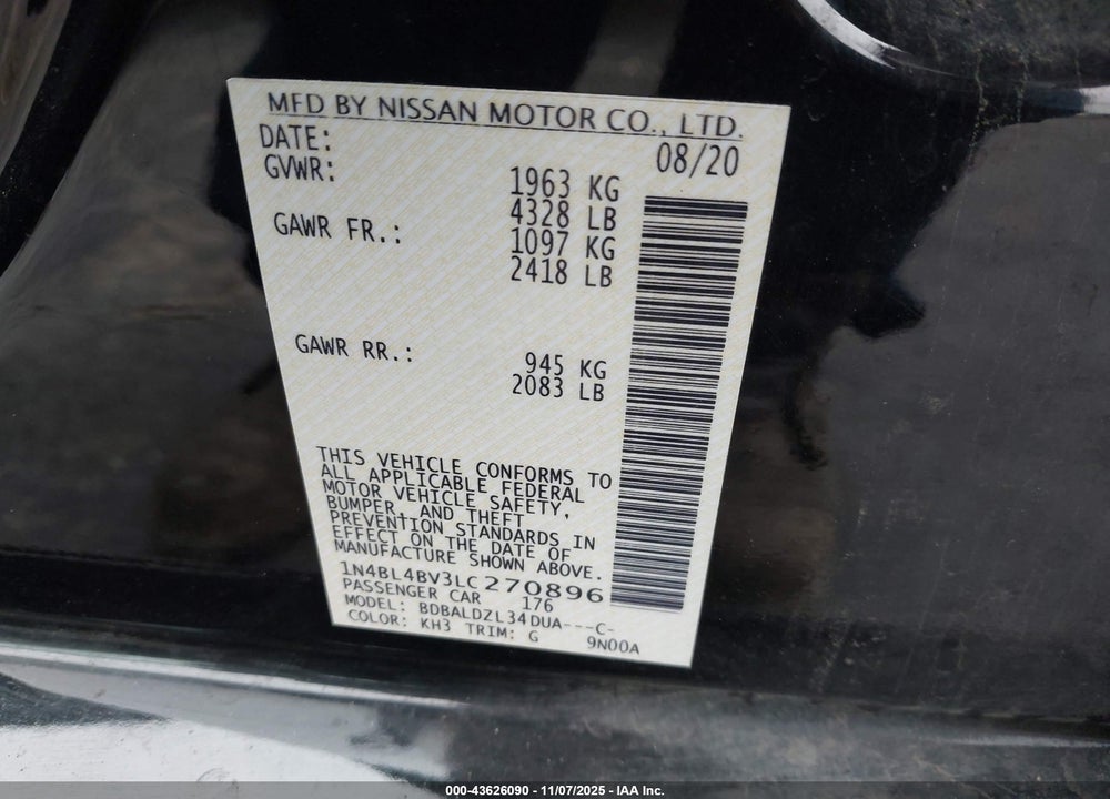2020 NISSAN ALTIMA S FWD VIN: 1N4BL4BV3LC270896