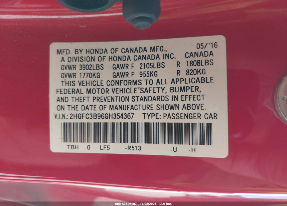 2016 HONDA CIVIC VIN: 2HGFC3B96GH354367