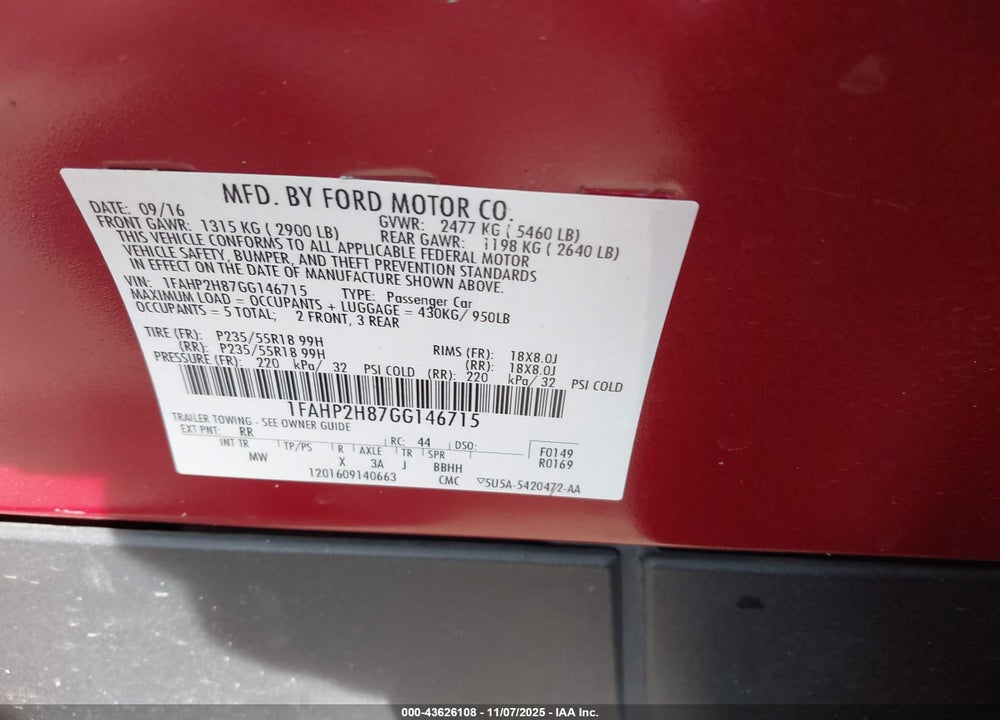 2016 FORD TAURUS VIN: 1FAHP2H87GG146715