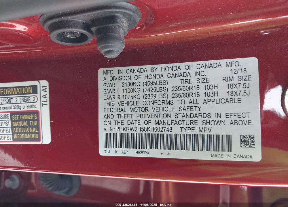 2019 HONDA CR-V VIN: 2HKRW2H58KH602748