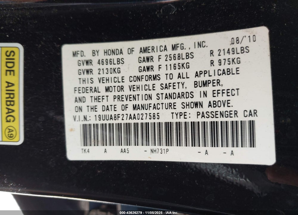 2010 ACURA TL 3.5 VIN: 19UUA8F27AA027585