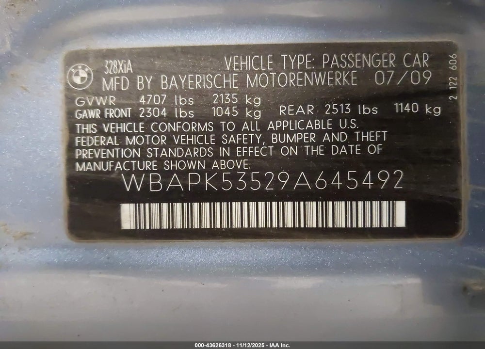 2009 BMW 3 SERIES VIN: WBAPK53529A645492