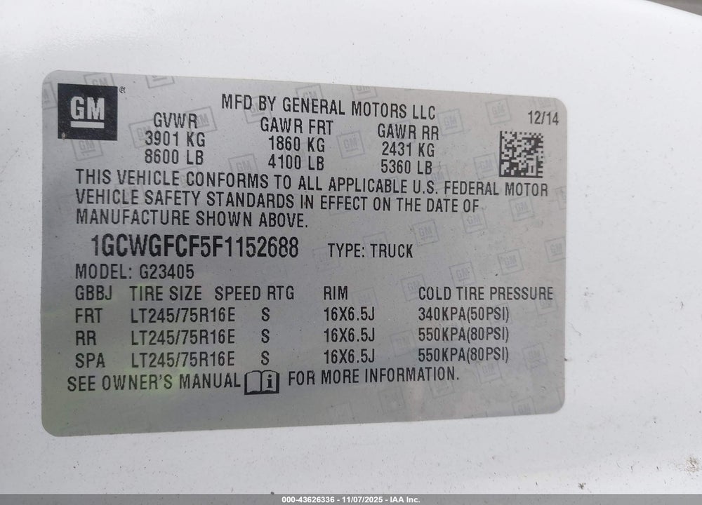 2015 CHEVROLET EXPRESS 2500 WORK VAN VIN: 1GCWGFCF5F1152688