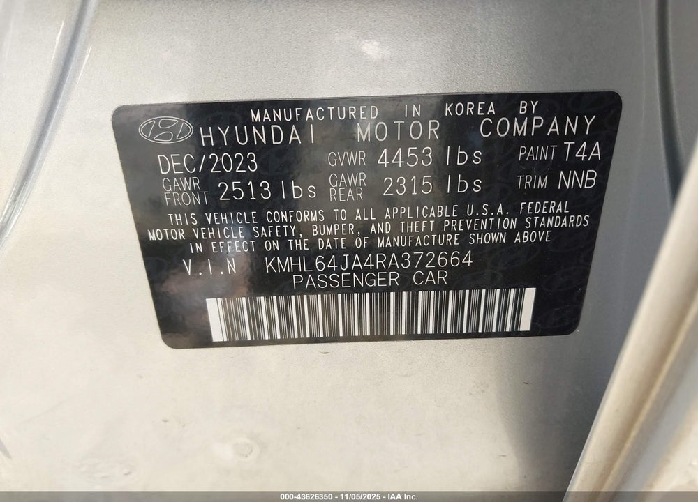 2024 HYUNDAI SONATA VIN: KMHL64JA4RA372664