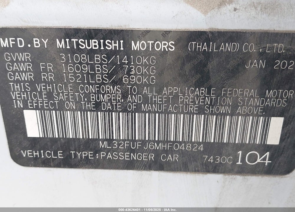 2021 MITSUBISHI MIRAGE VIN: ML32FUFJ6MHF04824