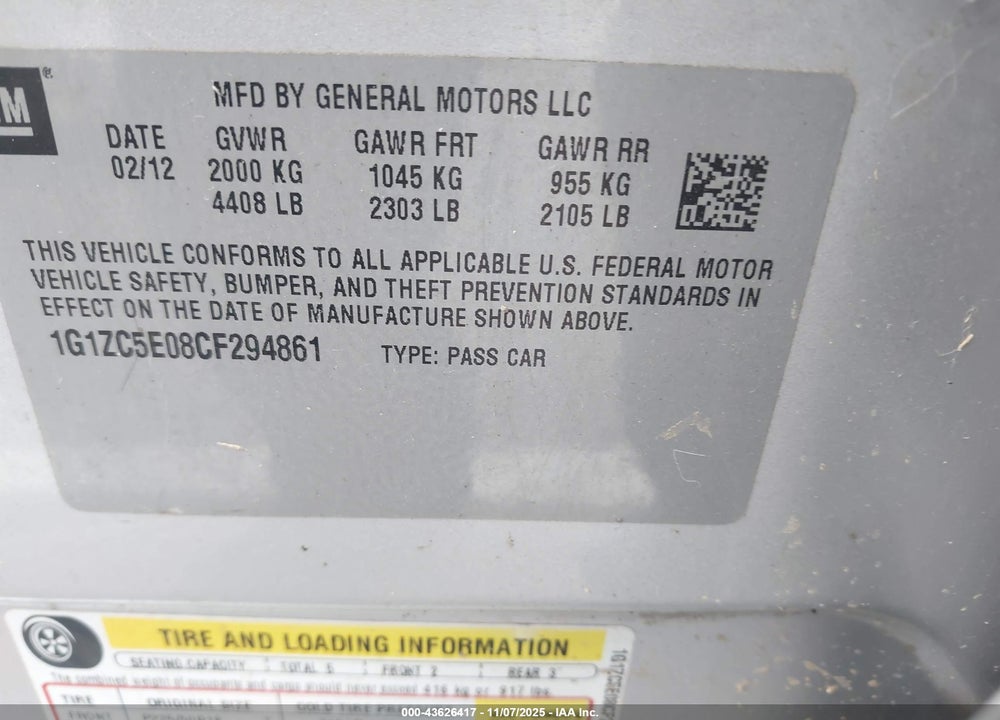 2012 CHEVROLET MALIBU VIN: 1G1ZC5E08CF294861