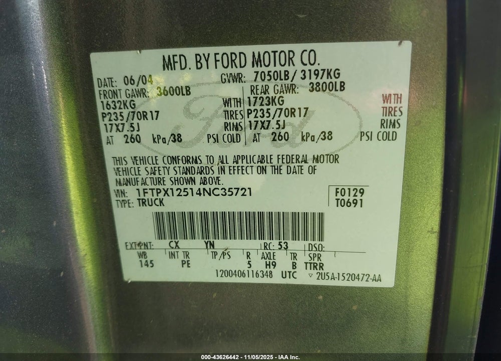 2004 FORD F-150 LARIAT/XL/XLT VIN: 1FTPX12514NC35721